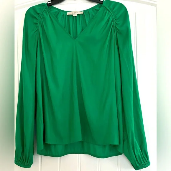 Loft Emerald Glow Shirred Raglan Long Sleeve V-neck Blouse - Picture 14 of 14